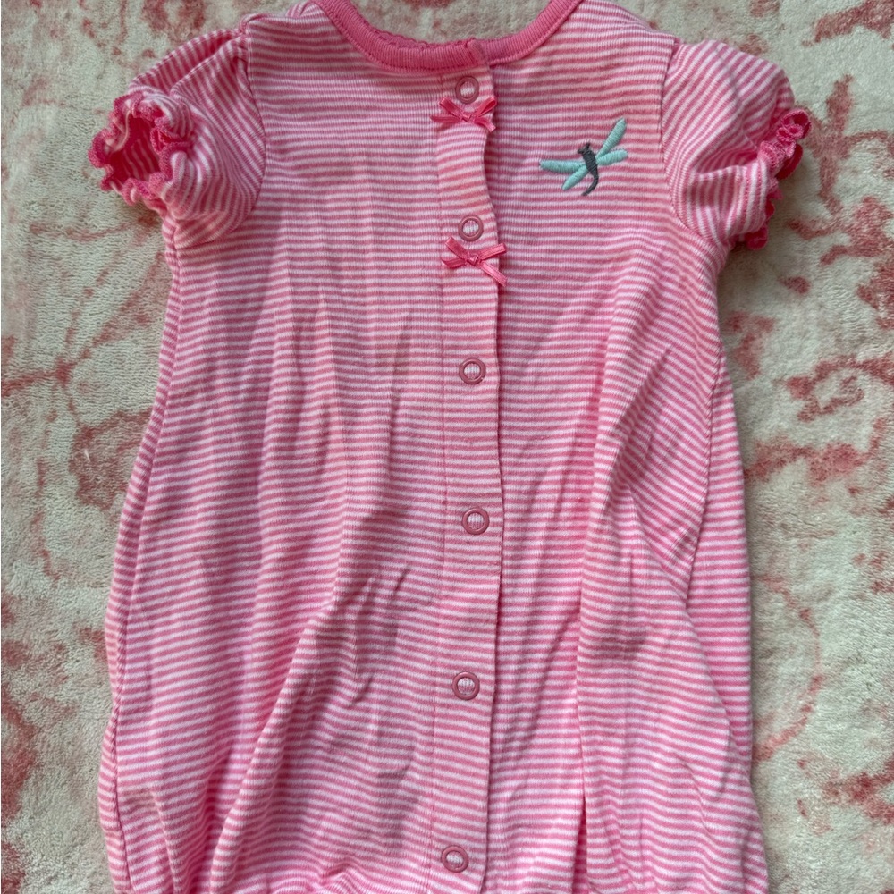 Simple Pink Striped Kids Romper with Dragonfly Accent